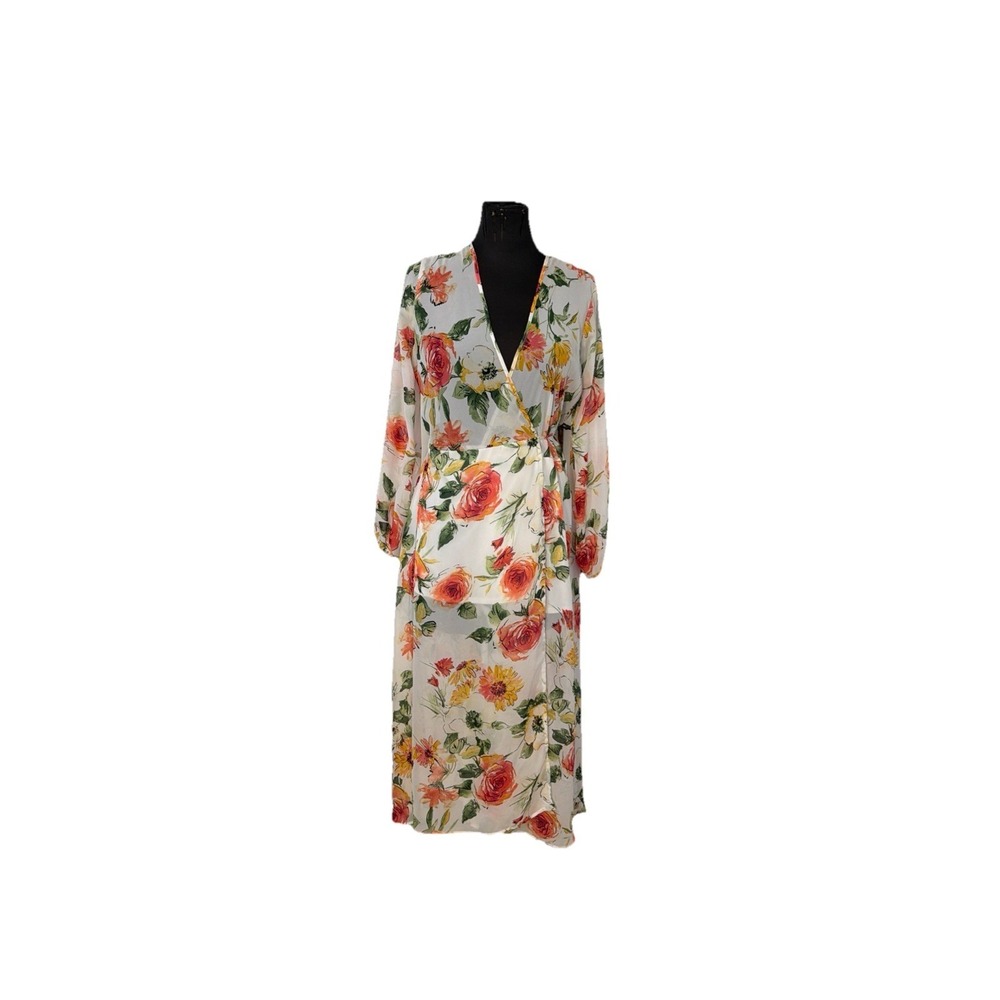Ups & Downs Tropical  Floral Wrap Chiffon Long‎ Sleeve Maxi Dress Size M Lined